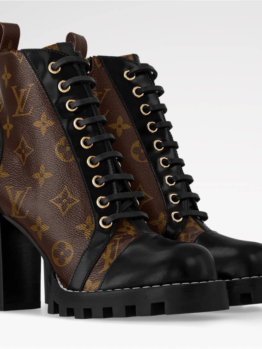 Louis Vuitton Black and Brown Monogram Lace-Up Block Heel Boots